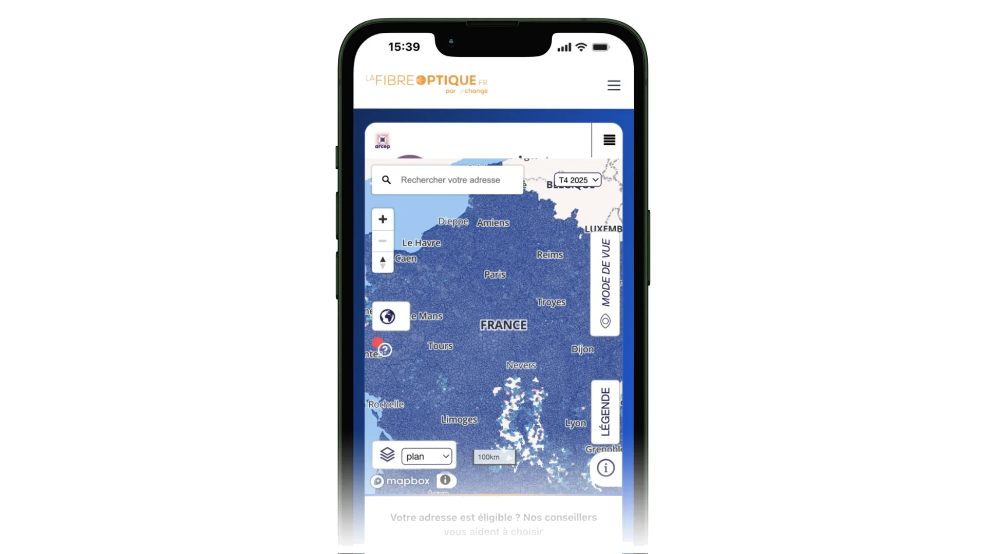 Capture d'écran de la carte de couverture fibre