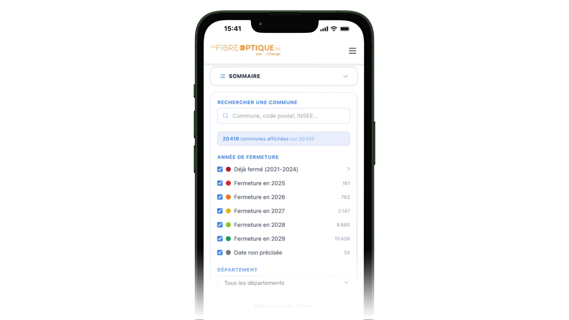 Capture d'écran du calendrier de fermeture du réseau cuivre