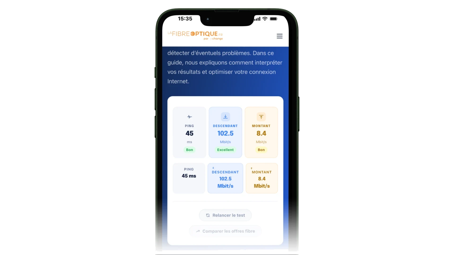Capture d'écran du test de débit Internet